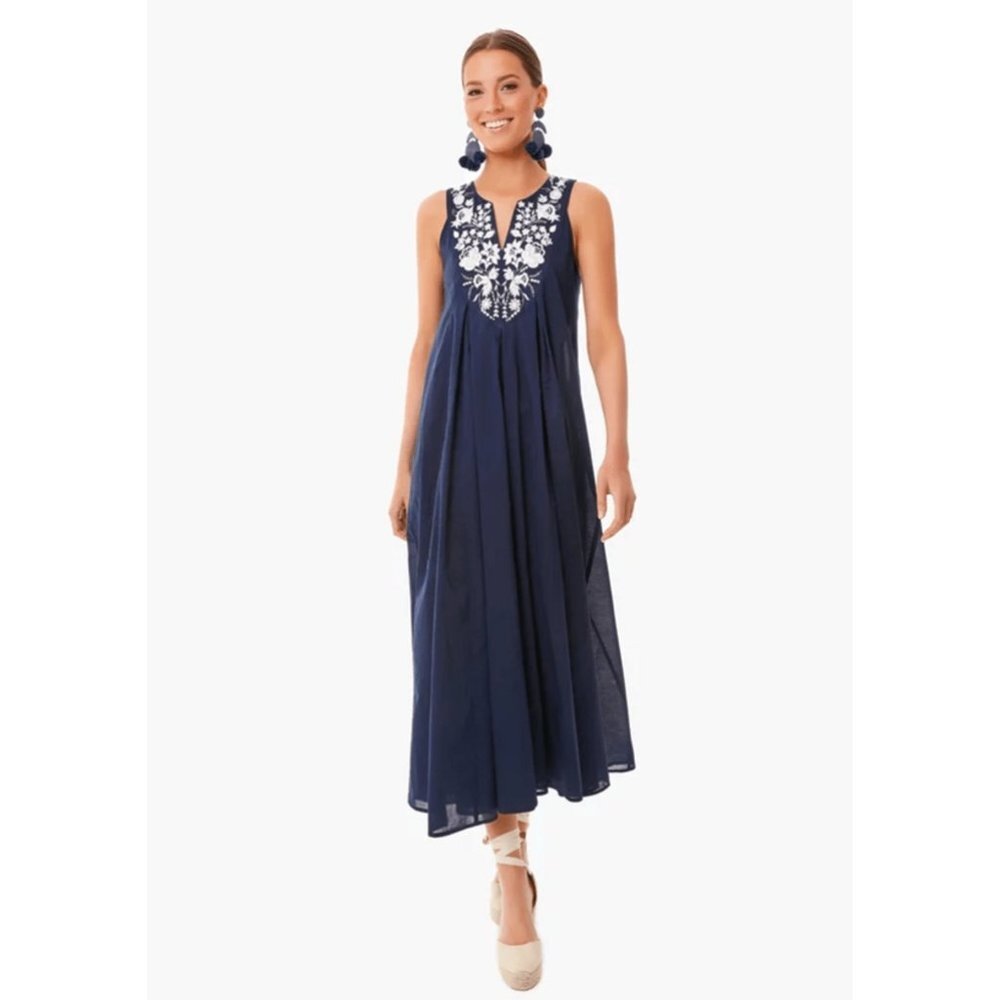 Tuckernuck Women's Navy Blue Cyprus Maxi Dress sz S Sleeveless Floral Embroidery